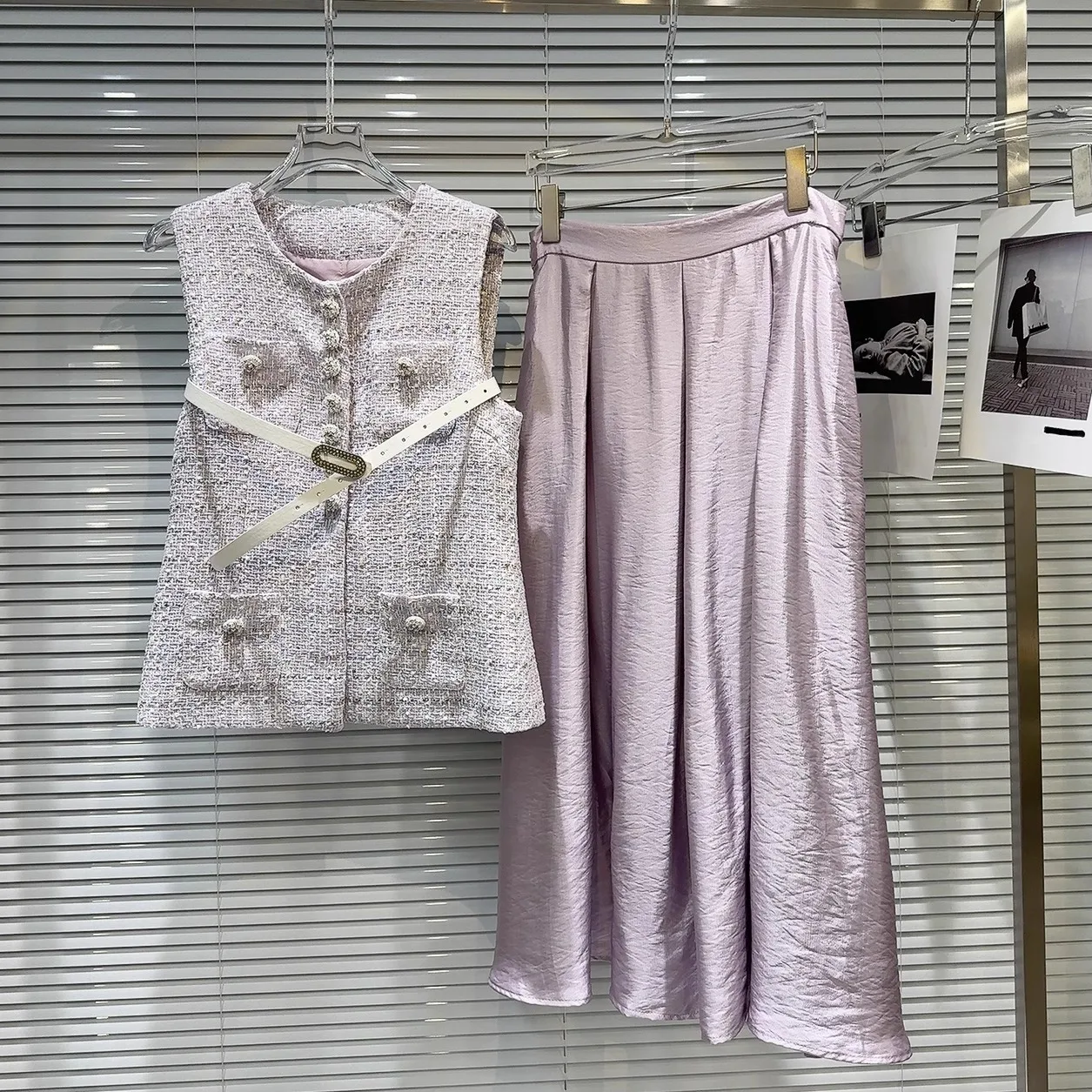 Модный твидовый жилет и атласный длинный комплект Dr с тонким поясом на талии, маленький Fraance Sle, осень 2023, Новое поступление, женская одежда