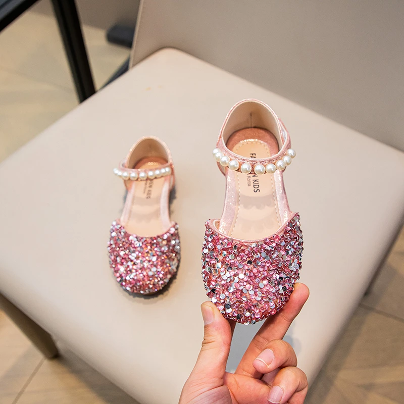 Girl's princess Shoes Sequins Pearl Gold Pink Summer Children Sandals Cover Toe 21-36 Toddler Fashion Party Dance Kids Flats
