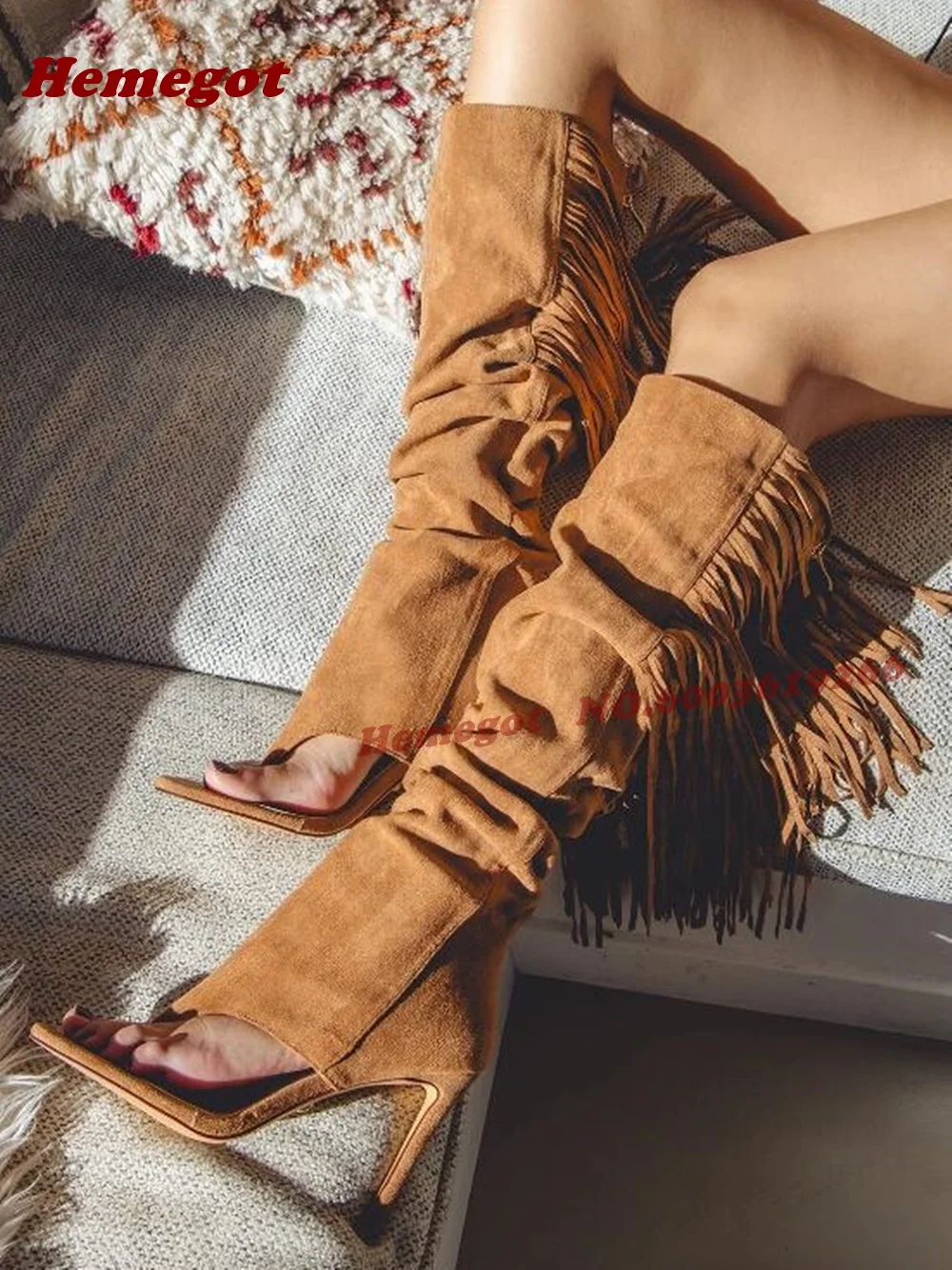 Tan Suede Fringed Knee High Stiletto Boots Clip Toe Tassel Thin Heels Women's Boots Patchwork Casual Shoes Fashion Elegant 2026