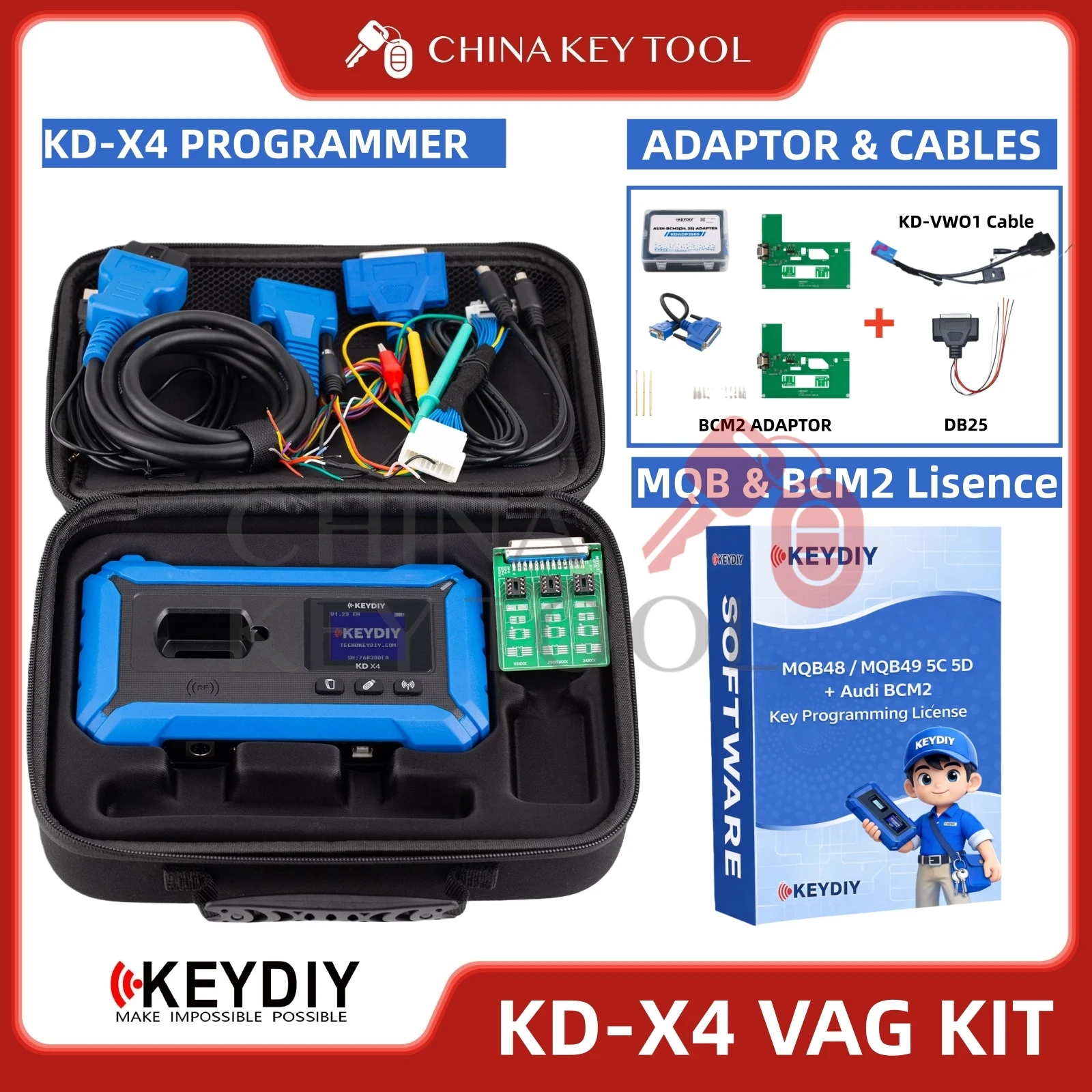 KEYDIY KD-X4 KDX4 5-en-1 Programmeur Clé avec MQB 5C 5D Fonction Licence et Accessoires pour VW Audi Porsche