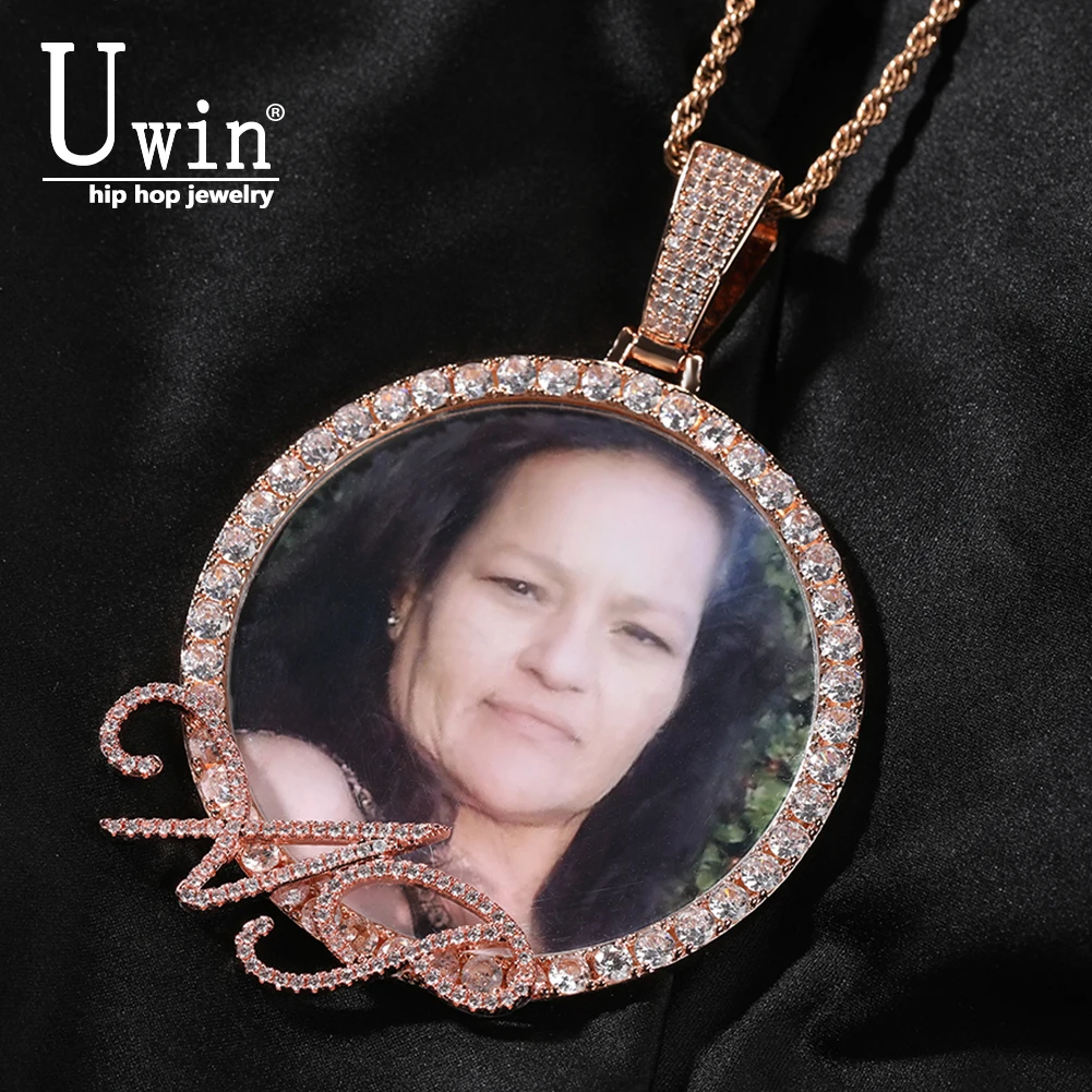 

Uwin Personalized Picture Pendants 6.8cm Circle Large Custom Name Round Photo Necklace Cursive Letters DIY Memory Jewelry Gift