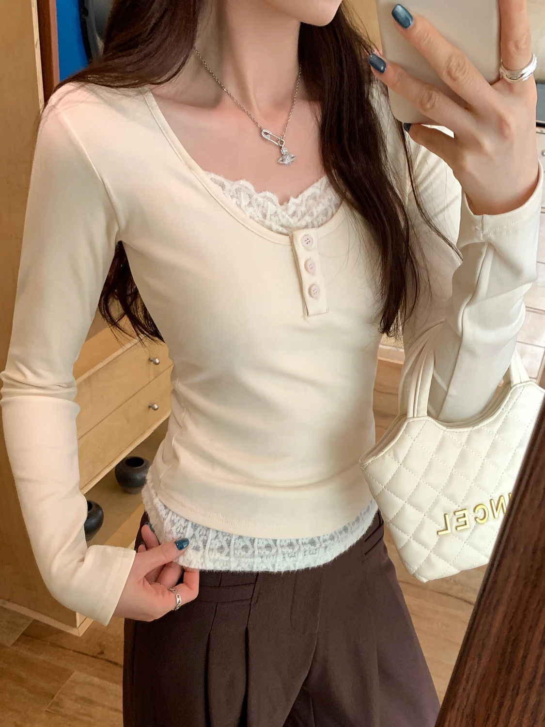 

Pure Desire Lace Splice Long Sve T-irt Women's Spring Autumn Slimming Design Fake Two-Piece Spicy Girl Top Cotton Linen