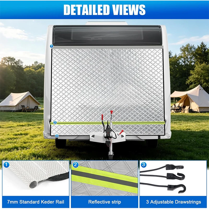 3 Size All-Weather Caravan Bow Cover Tarpaulin Insulation Front Protector With 7mm Piping Reflective Safety Strips Summer Winter