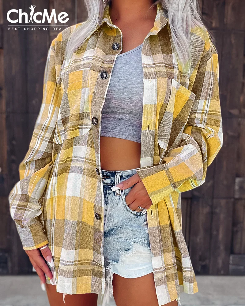 Women Plaid Print Long Sleeve Button Down Shacket Jacket 2023 Femme Casual Turn-down Collar Coat Streetwear Lady Outfits traf