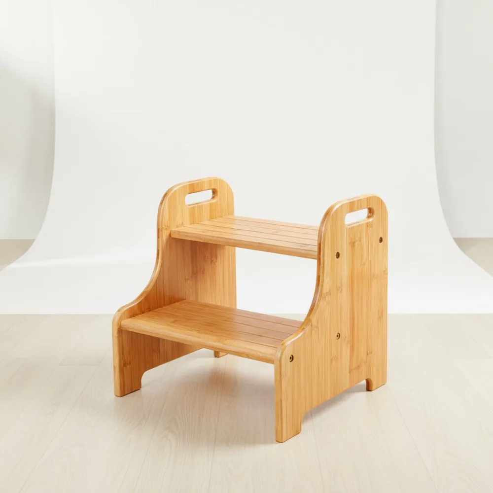 

2-Step Bamboo Stool with Non-Slip Treads & Handles - Sturdy Kitchen Bathroom Step Ladder for Adults Kids