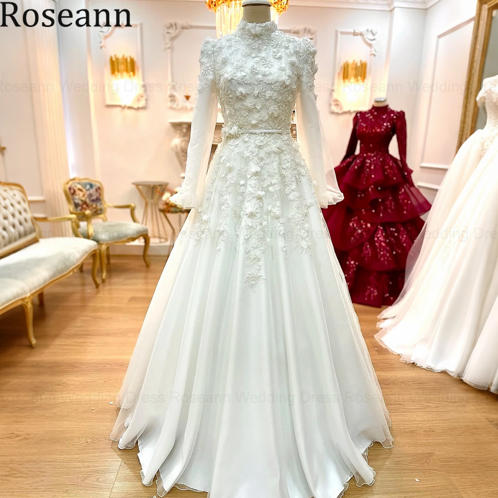 Roseann Wedding Dress Muslim Modest High Neck Long Sleeve amanda novias oficial 3D Floral Applique A-Line Bridal Gown Customized