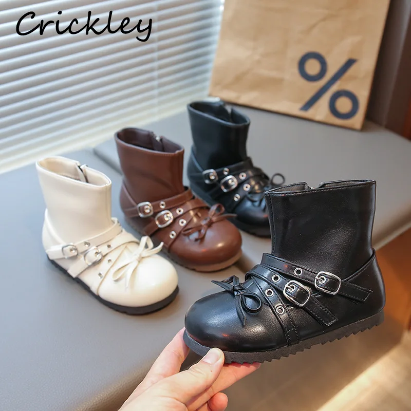 

Fashion Buckle Kids Boots Autumn Solid Bow Girls Ballet Ankle Shoes Princess PU Leather Zip Anti Slip Flat Children Boots