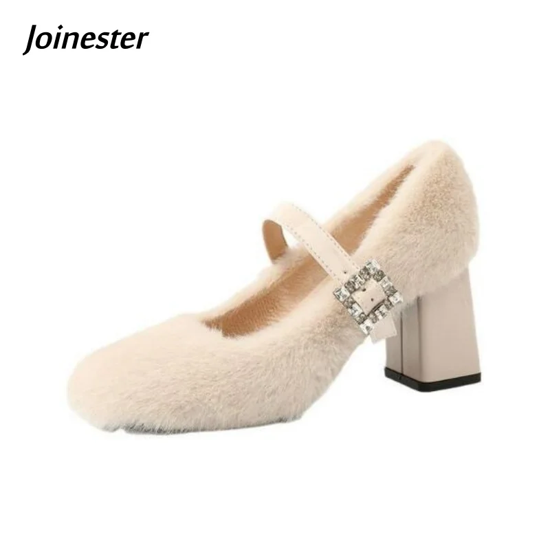 

Women Square Toe Artifical Fur Mary Jane Pumps with Buckle High Heeled Ankle Strap Dress Shoe for Autumn Winter Lady Footwear