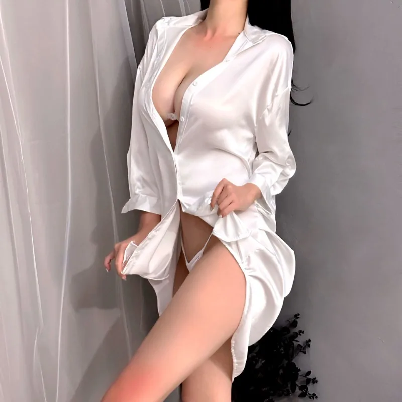 100kg Plus Size Boyfriend White Shirt Sexy Lingerie Women Satin Silky Sleepwear Summer Loose Mini Nightdress See Through Pajamas