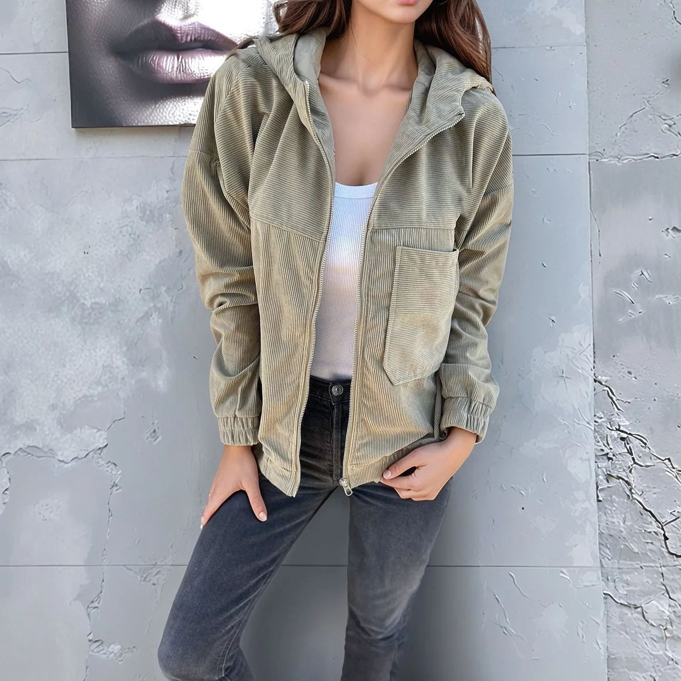 

2025 Spring and Autumn Women's New Jacket Casual Jacket Corduroy Jacket with Cap Pocket