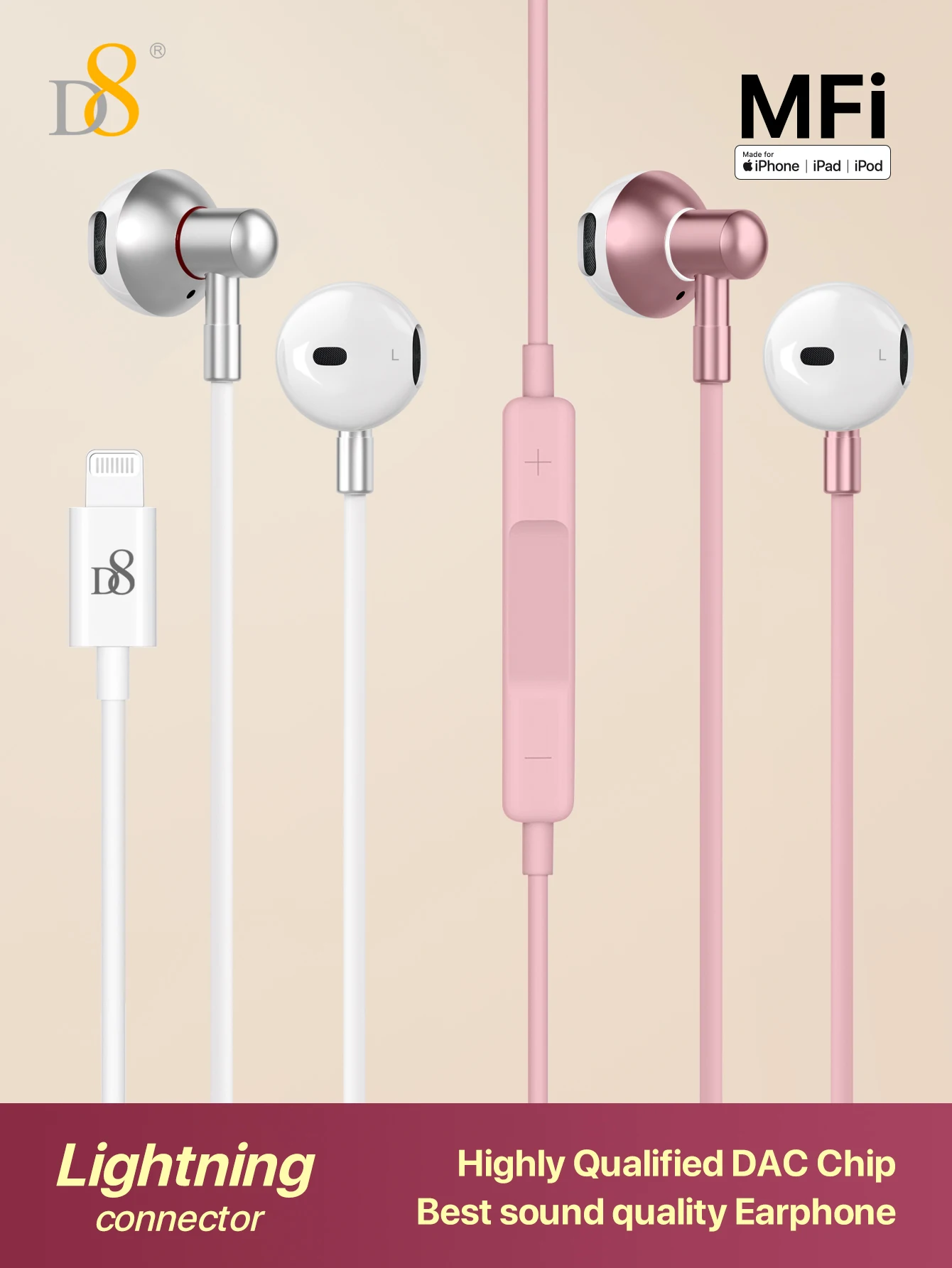 D8 Headphones with Lightning Connector. Microphone with Built-in Remote to Control Music, Phone Calls,and Volume with Microphone