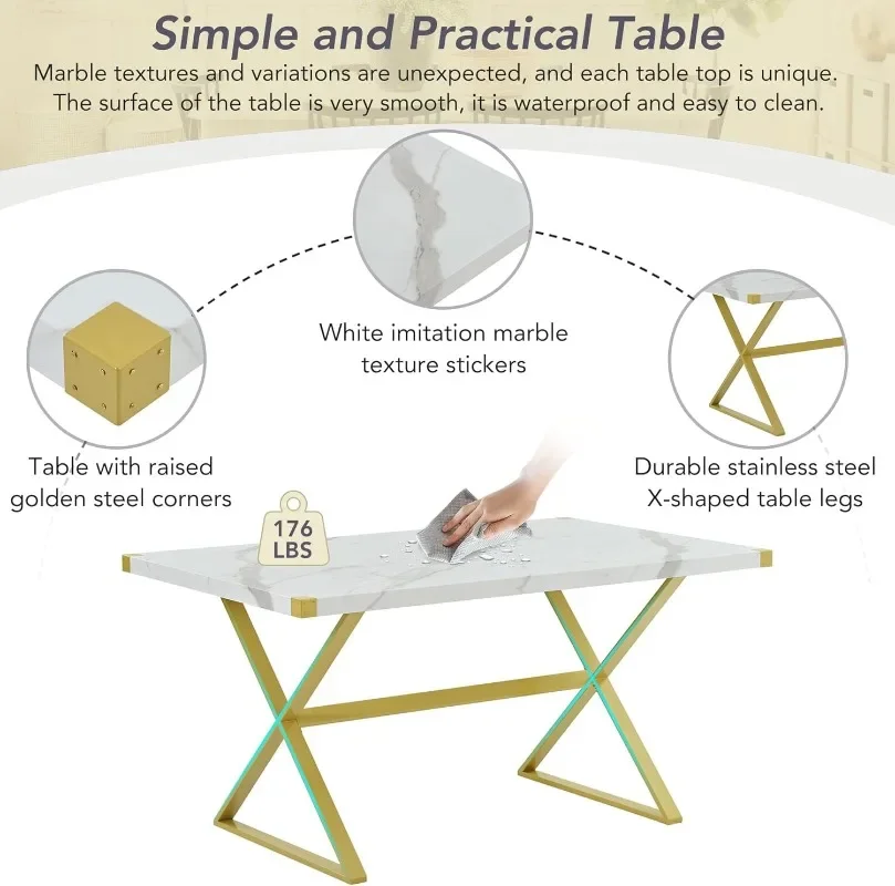 طقم طاولة طعام 60 بوصة مكون من 7 قطع طاولة مطبخ مستطيلة من الرخام 6 كراسي من جلد البولي يوريثان على شكل X، أطقم غرف الطعام