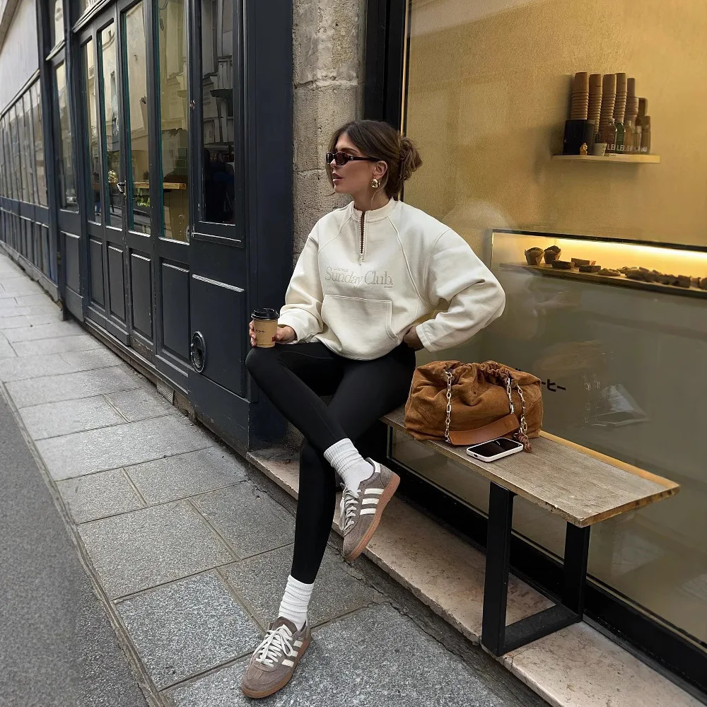 سترة نسائية لخريف 2025 بياقة دائرية من قماش تيري نصف سحاب سترة راجلان كم متعددة الاستخدامات معطف بلوفر #2