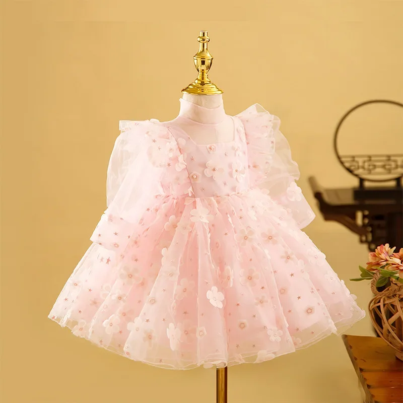 Vestido de baile em camadas de malha personalizado, vestidos de princesa, manga longa, vestido de festa de aniversário infantil, rosa doce, elegante, casamento, flor, meninas