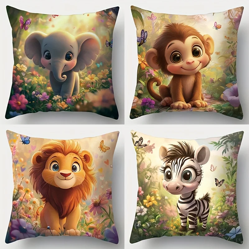4-Piece Printed Pillowcase Set – Safari Animal Theme with Elephants, Monkeys, Lions & Zebras