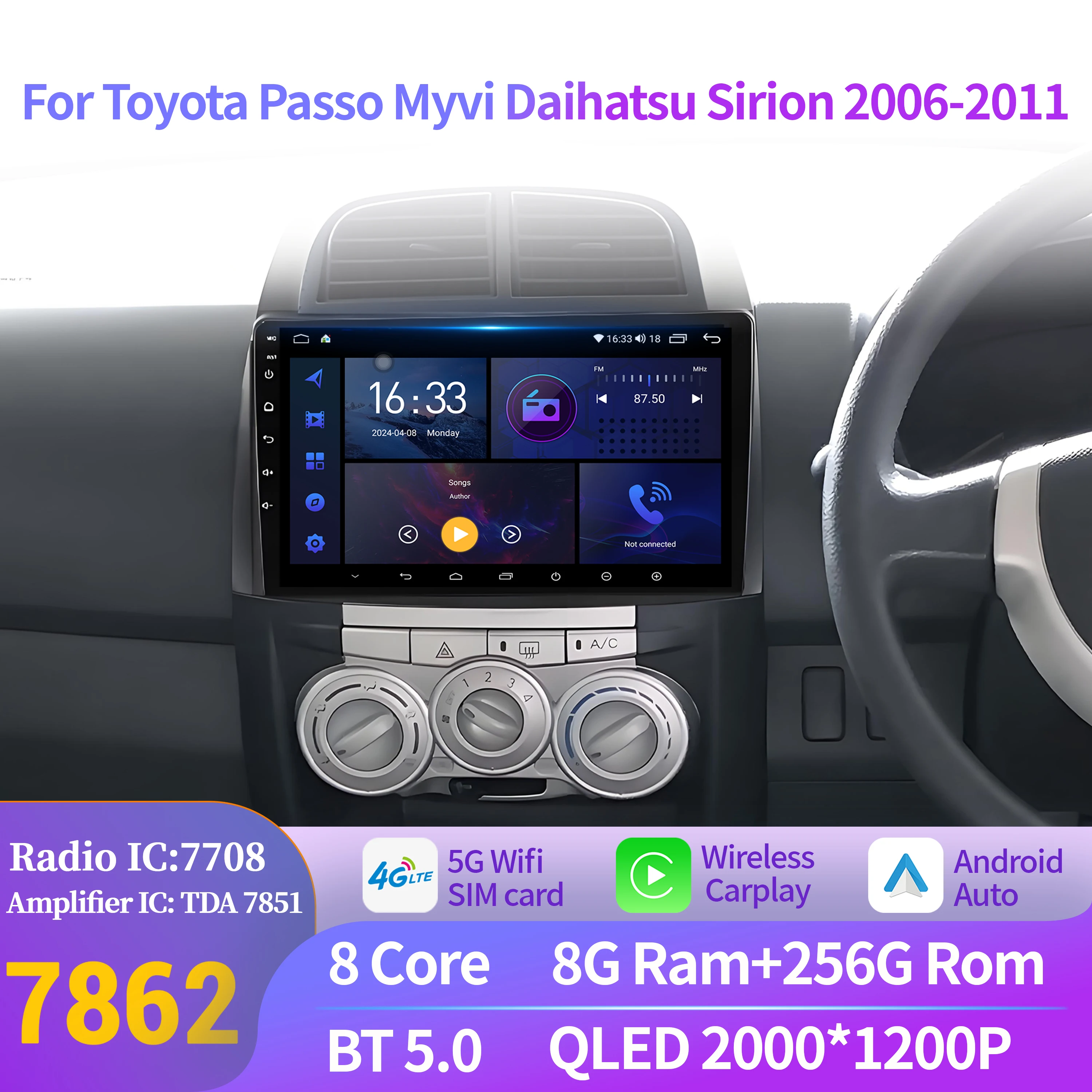 

Android 14 For Toyota Passo Myvi Daihatsu Sirion 2006-2011 Car Radio Multimedia Player Navigation 7862 8+256 2K QLED Screen