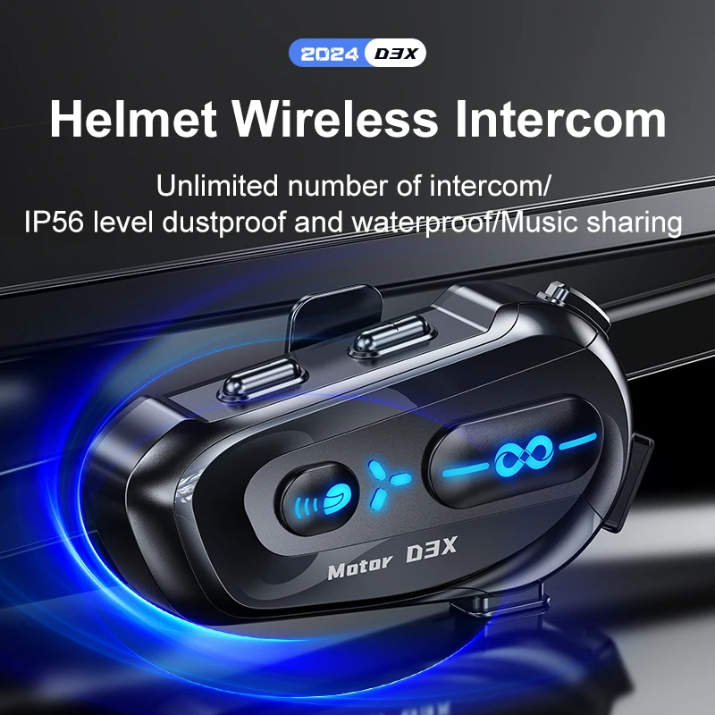 Motorcycle Helmet Bluetooth Headset D3X Blue LED Wireless Intercom Handsfree Call Waterproof Stereo Music Moto Interphone