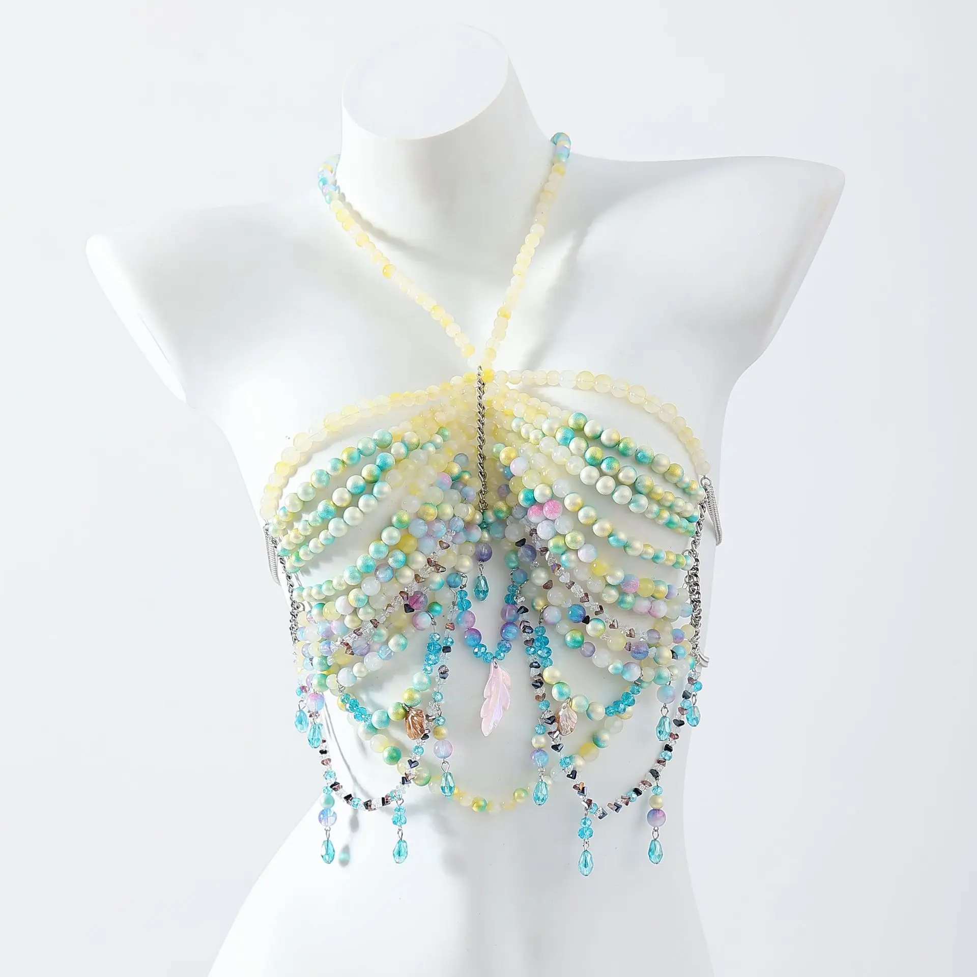 Fashionable casual beaded top, sexy bra body chain, backless halter neck beaded pearl bustier, Hawaiian vacation party