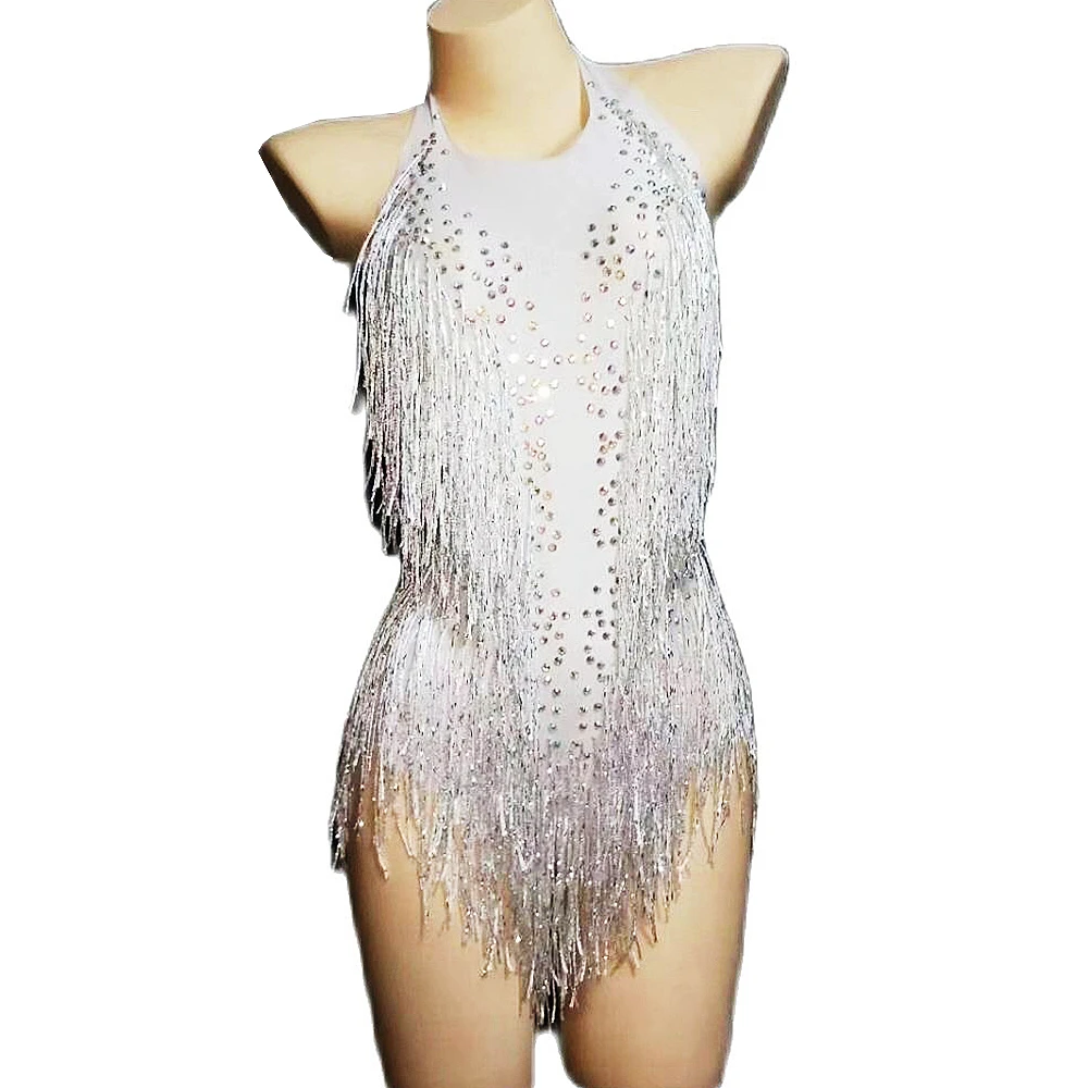 

White Shining Rhinestones Sexy Backless Halter Women Bodysuits Latin Jazz Pole Tassel Stage Costume Nightclub Party Wear