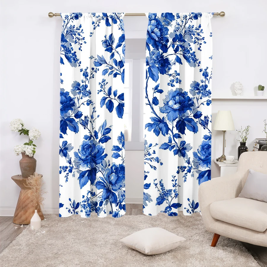 2PCS Multicolor Blue and White Porcelain Floral Pattern Curtains Rod Pocket Design For Bedroom And Living Room