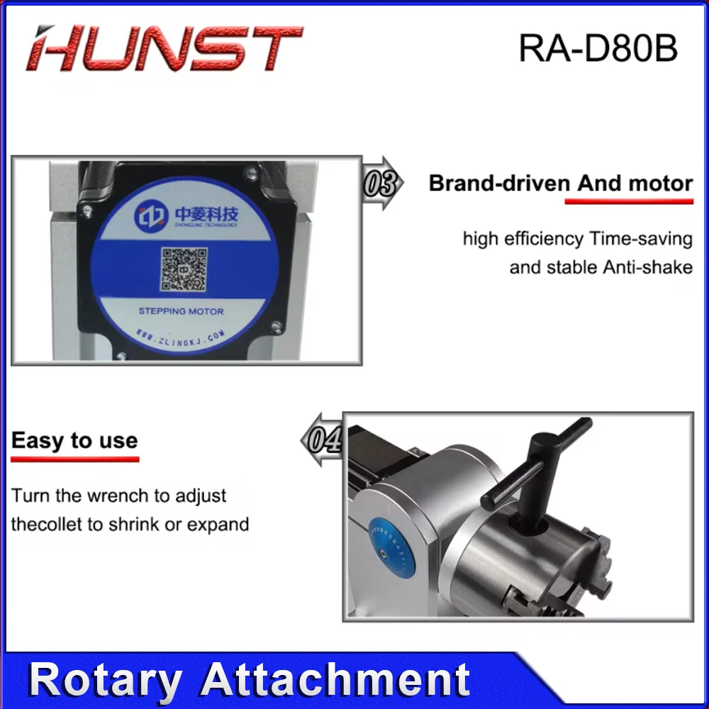 อุปกรณ์โรตารี่เชื่อมขนาดเส้นผ่านศูนย์กลาง80มม. พร้อมหัวจับสามตัว + ตัวขับ DM5042สำหรับ CO2ยูวีและเครื่องทำเครื่องหมายเลเซอร์ไฟเบอร์