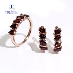 Simple design natural garnet for women Fine jewelry 925 silver gemstone ring earrings jewelry set daily wear gift