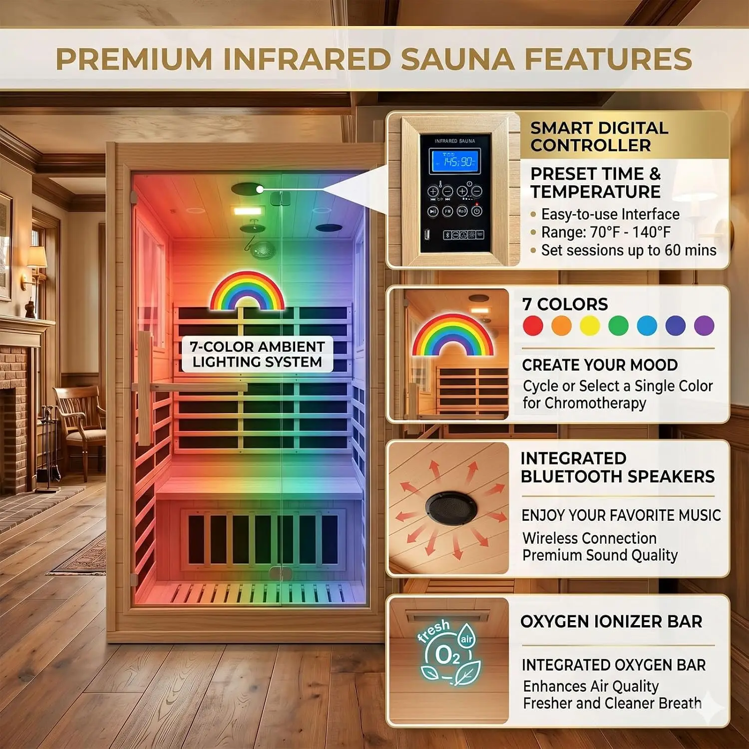 Luxury 2 Person Far Infrared Sauna, Indoor Canadian Hemlock Wood Dry Sauna Room for Home Spa, 110V 2000W, Digital, Customized