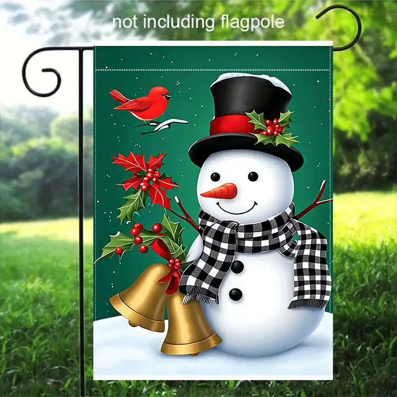 Snowman Cardinal Bells Garden Flag with Holly and Checked Scarf, 12x18 Double Sided Festive Garden Flag, Seasonal Home Decor, Fade Resistant Design, Flagpole Not Included