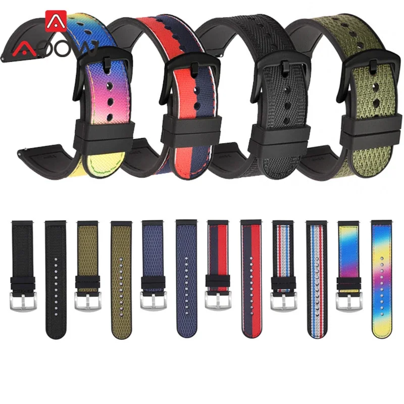 20mm 22mm Woven Nylon Silicone Strap Quick Release Soft Rubber Sport Waterproof Men Replacement Watch Band Bracelet Accessories