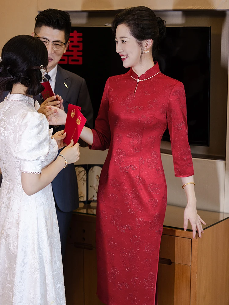 

Red Satin Long Sve Wedding Dr for ly Women High-End Mommy Costume October New Arrival Vintage Sle