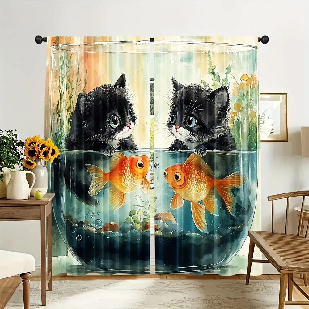 Vibrant Cat Fish Animal Pattern Rod Pocket Window Curtains Set - Soft All-Season Room Decor for Living Room Kitchen 2 Panels