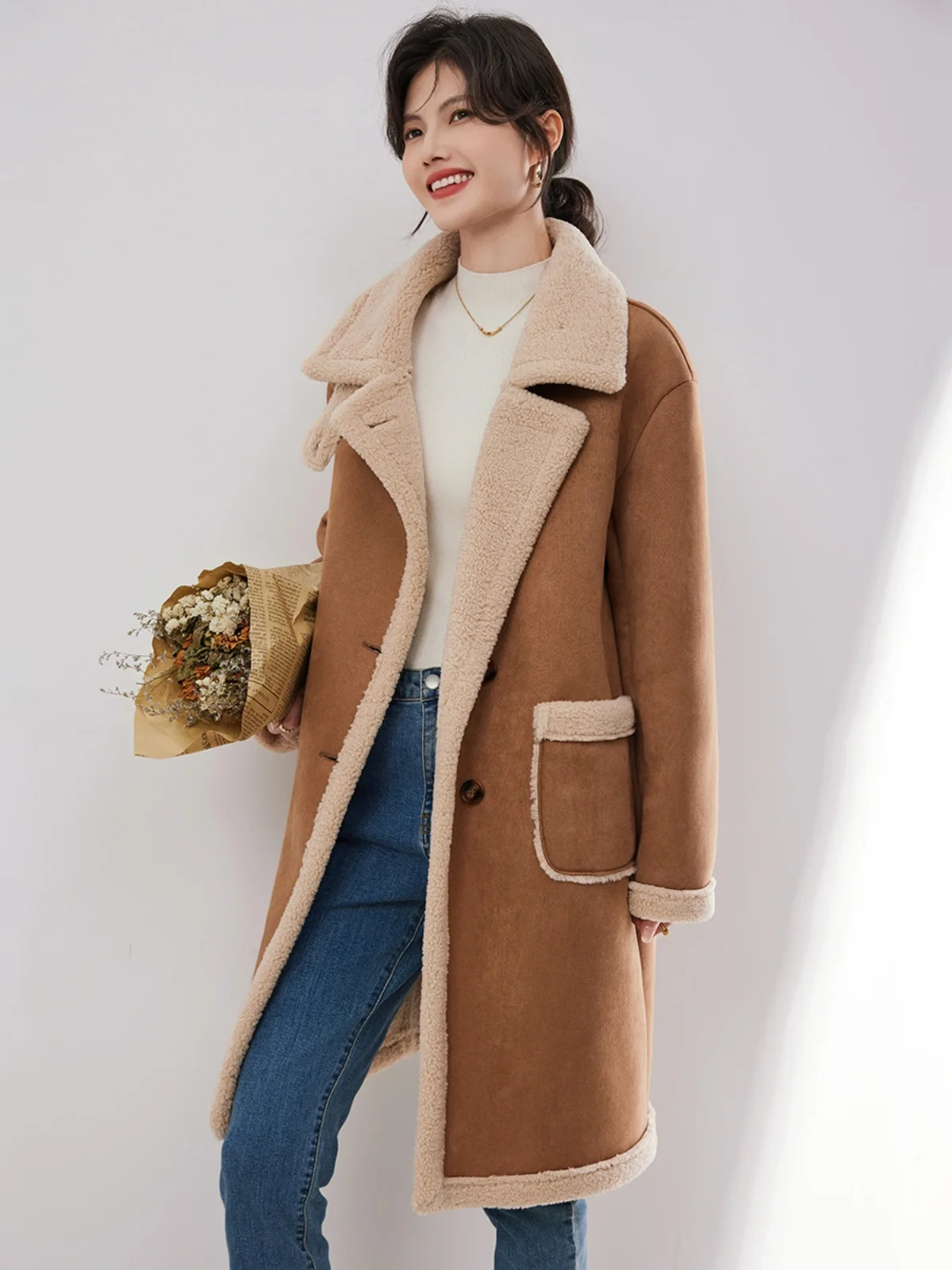 Casaco de Inverno em Suede para Mulheres, Comprimento Médio, Estilo Commute, Dupla Frente, Cor Pura, Fibra de Poliéster