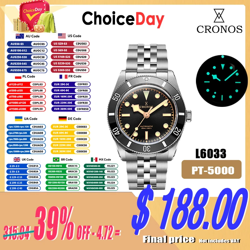 Cronos Luxury Men's Watches 37mm Diver BB54 Vintage Automatic Matt/ Aluminum Bezel Female End Links Sapphire 20 Bar L6033