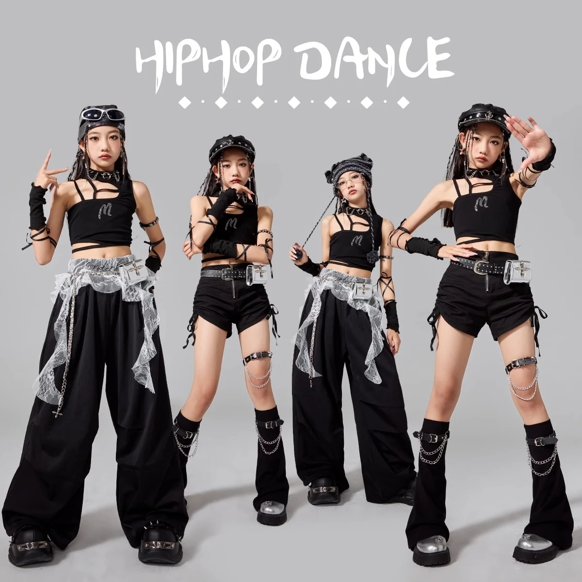 2025 sommer Kinder Jazz Dance Kostüm Mädchen Unregelmäßigen Nabel Tops Schwarze Hosen Kpop Straße Kleidung Bühne Leistung Tragen BL 16703