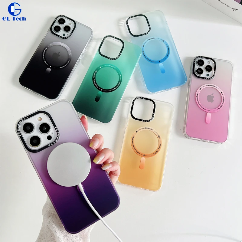 IMD Gradient Matte Transparent Soft Frame Anti-drop Case for iPhone 16 15 14 Plus 13 12 11 Pro Max Magsafe Magnetic Cover Fundas