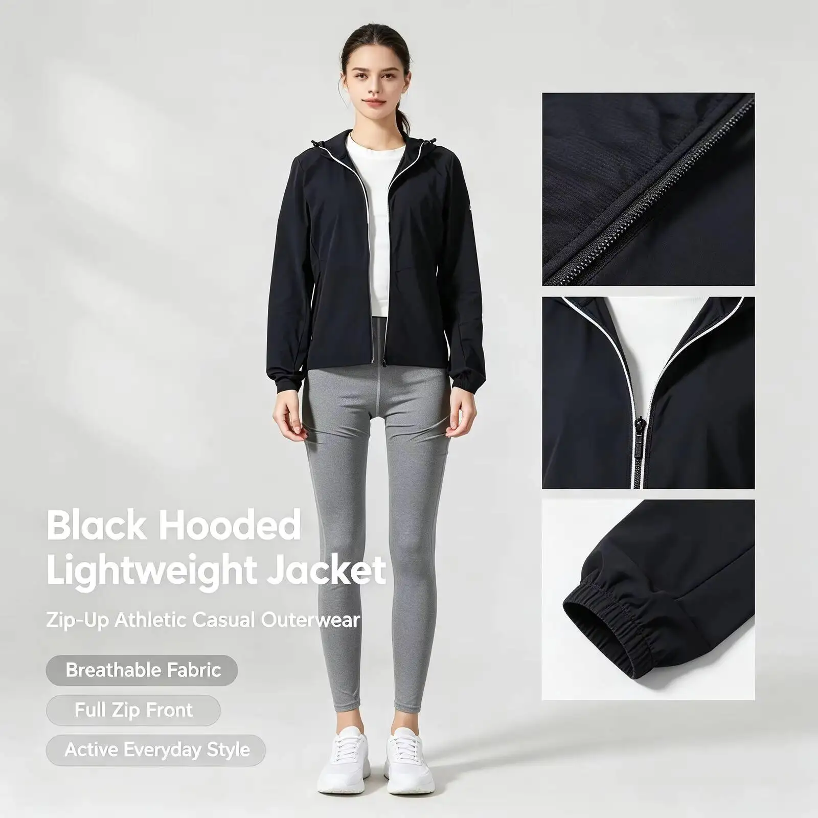 New Underarmour Hooded Jacket Sports Casual Fashion Top Coat Women's Black Lightweight Jacket Zip-Up Athletic Outerwear22500410-