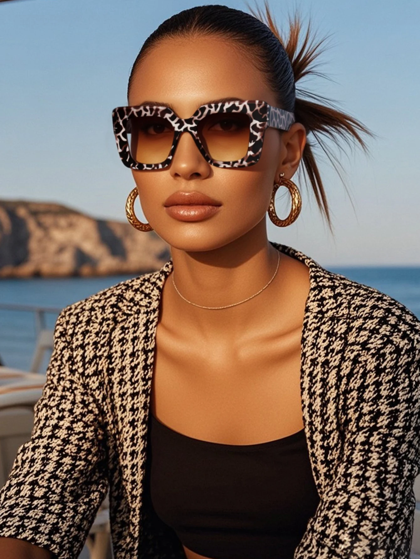 1 Stück Retro Übergroße Quadratische Sonnenbrille für Damen, Modische Brille Geeignet für Stilvolle Outfits und Strandurlaube – Detail 1