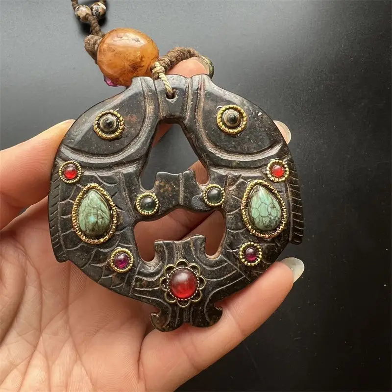 Antique Miscellaneous Retro Hongshan Culture Meteorite Inlaid Gemstone Pisces Pendant Antique Jade Old Jade Collection Handle