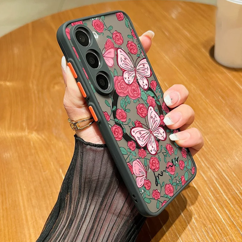 Blumen Bowknot Muster Telefon Fall Für Samsung Galaxy S25 S24 FE S25 Rand S23 S22 S21 Ultra Plus Magnetische Für Magsafe Hard Cover