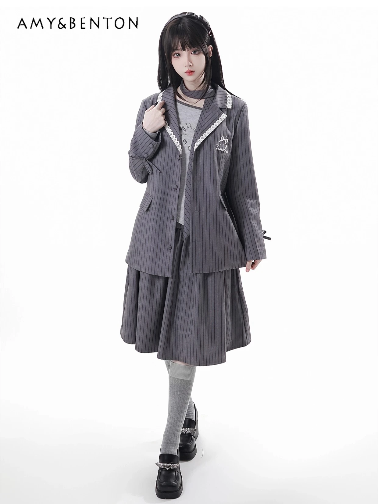 

Sweet Cool Girl Elegant Suit Sets College Style Striped Cross Collar Casual Blazer Off-Shoulder Long Sleeve T-Shirt A-line Skirt