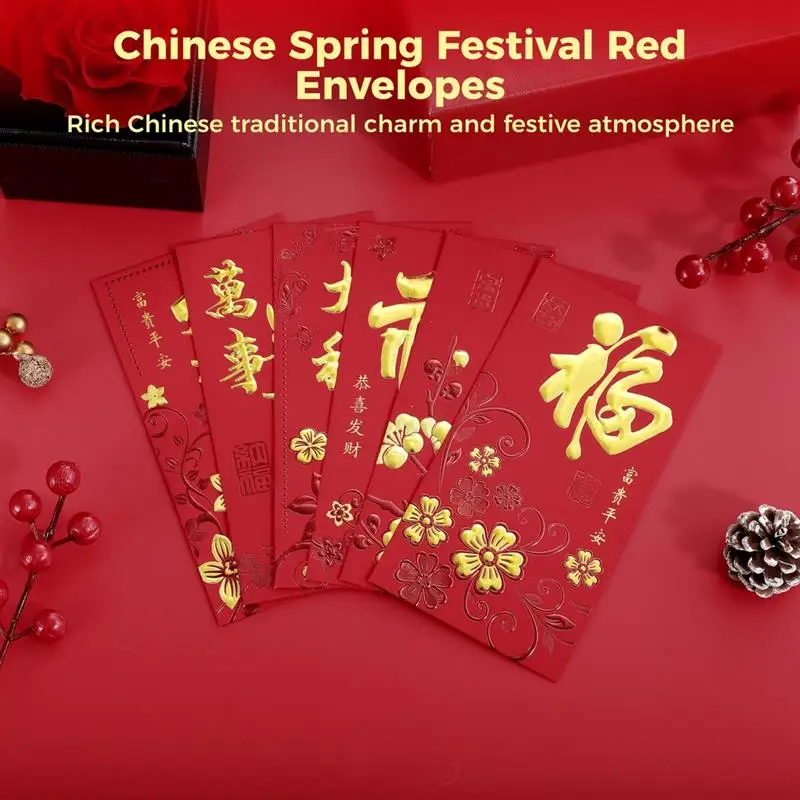 36Pcs New Year Red Envelopes Golden Embossed Floral Chinese Red Packets Spring Festival Lucky Money Hong Bao for 2024 Year