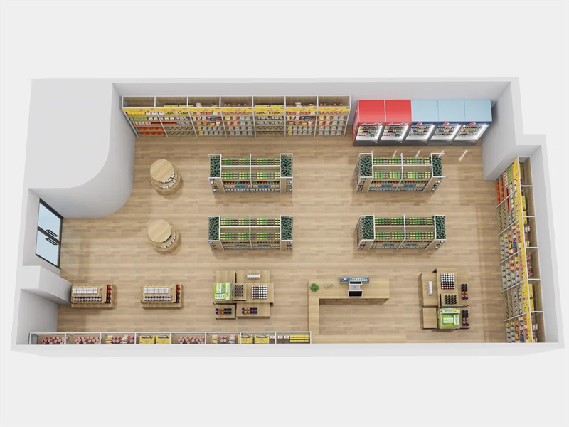 Rak Display Toko Ritel Baja Kayu Supermarket Multi Lapisan Kustom Rak Rak Makanan Ringan Toko Kelontong