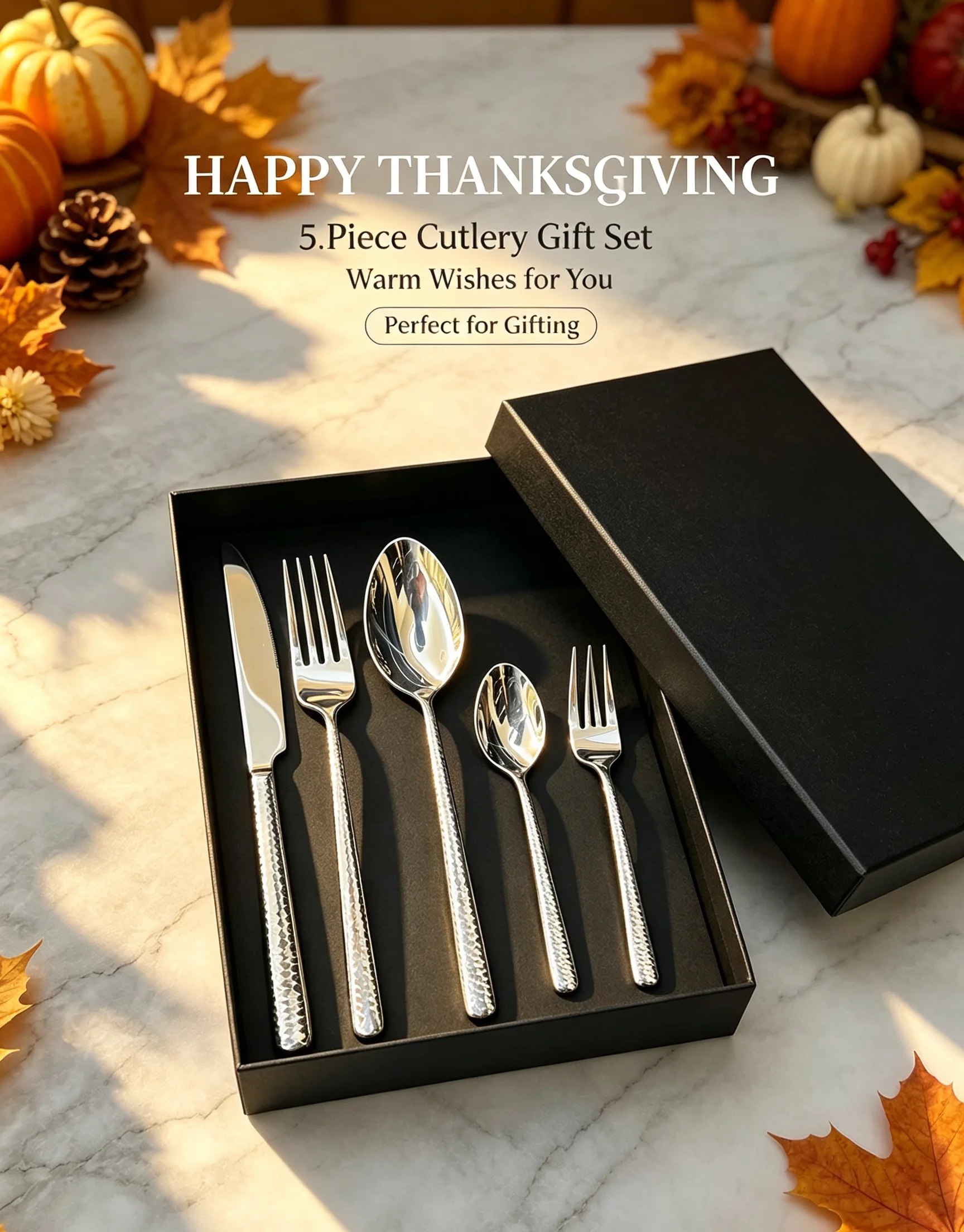 Premium 420/304 Stainless Steel Flatware,Thin Hammer‑Textured Handle,5‑Piece Cutlery Set,Thanksgiving Gifting Gift Box