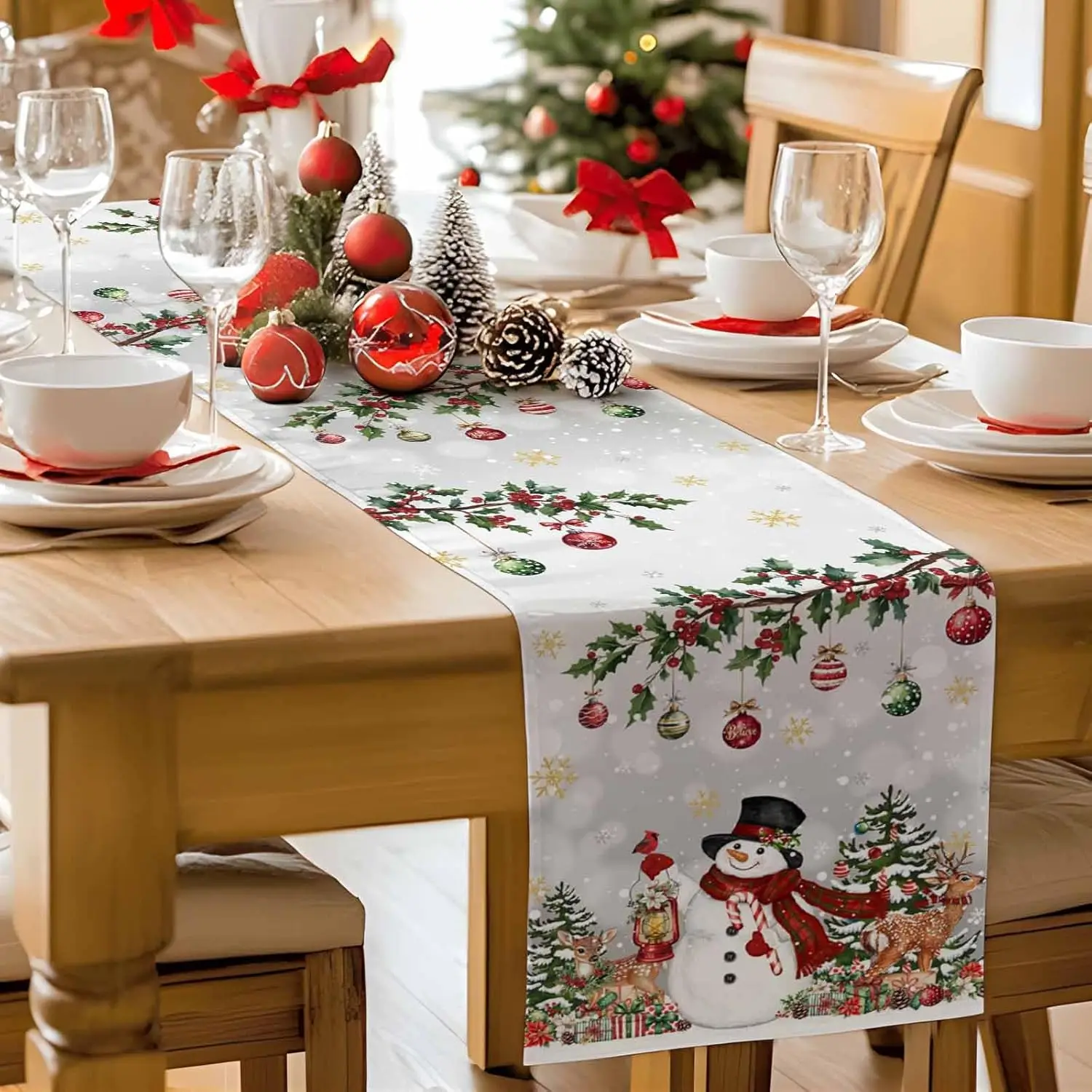 Christmas Snowman Deer Ball Linen Table Runner Home Decor Winter Xmas Tree Berry Snowflake Kitchen Table Runners Christmas Decor