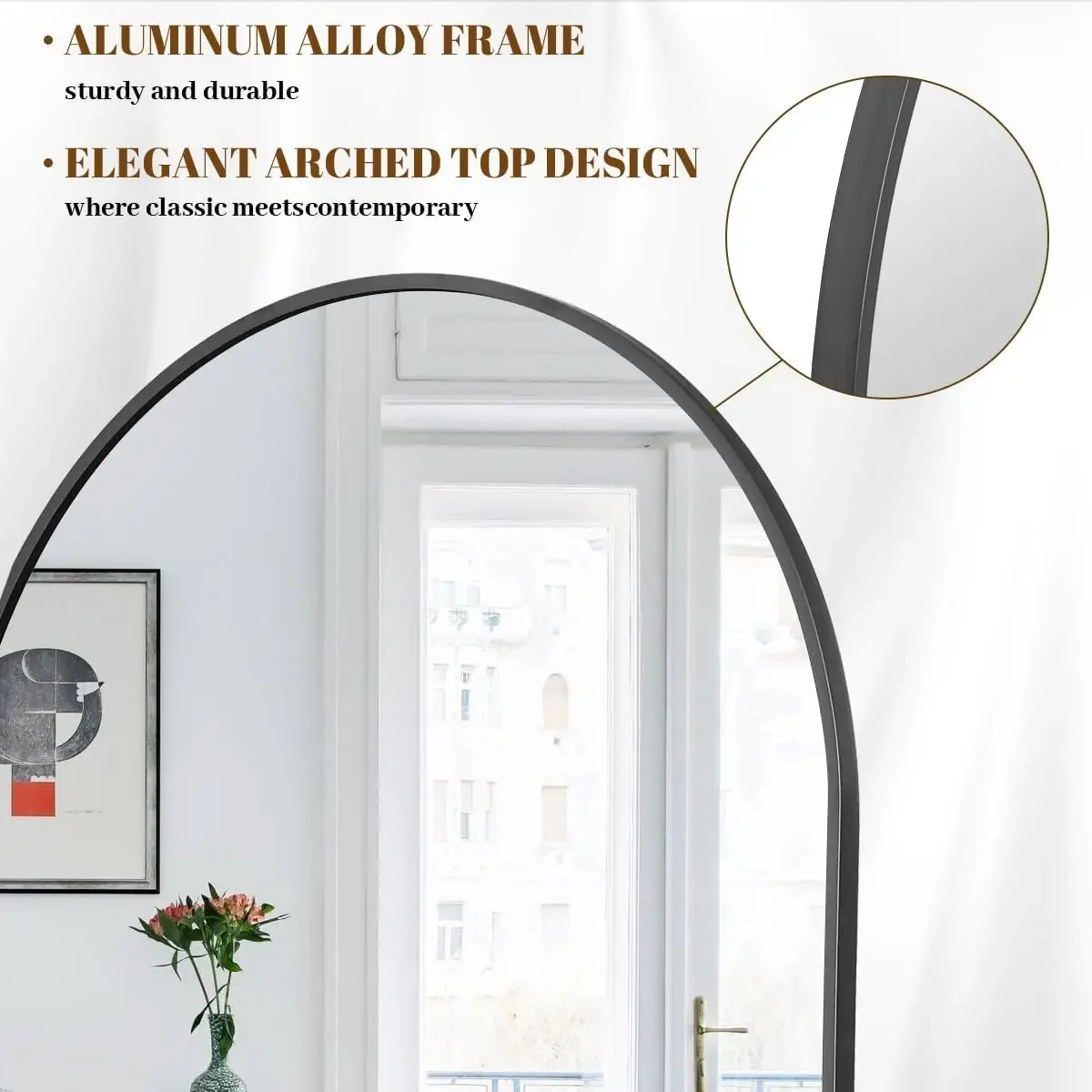 34"x76" Arched Full Length Mirror, Black Large Floor Mirror with Aluminum Alloy Frame Standing Hanging or Leaning Wall-Mo