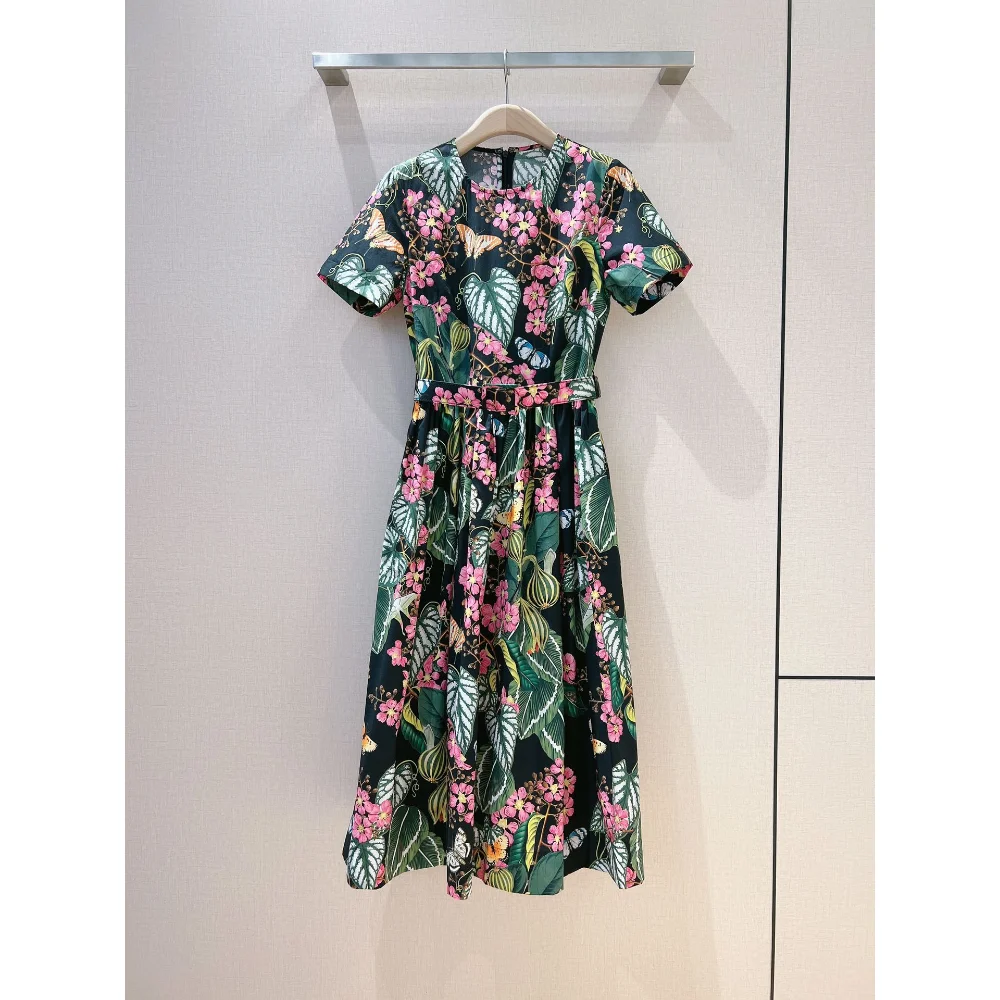 Imagem -03 - Top Quality Primavera Verão Floral Impressão Manga Curta a Linha Midi Vestido com Cinto para Férias 2023 Novo