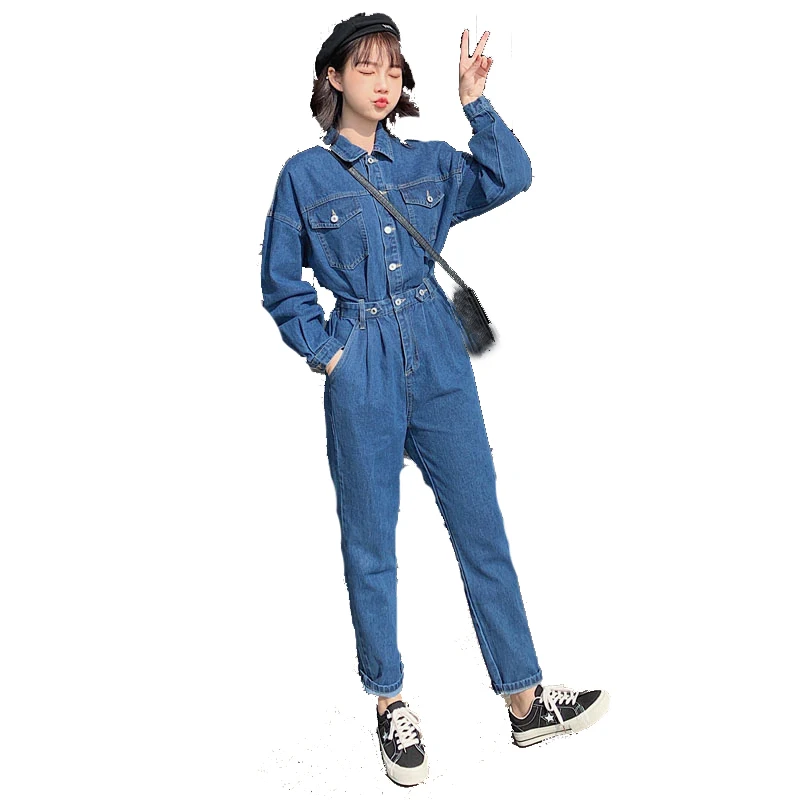 Mono vaquero coreano Sle de cintura alta para mujer, pantalones informales para estudiantes, corte holgado de fibra de poliéster