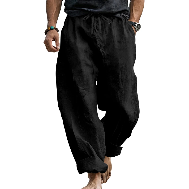 Sommerliche Herren-Leinenhose, Lässige Hawaiian-Hose mit Elastischem Kordelzug, Atmungsaktive Gerade Lange Hose mit Taschen für Alltag und Zuhause – Detail 13