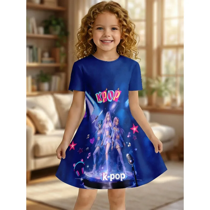 Girl K-Pop Star Group Galaxy Print Dress, Blue Short Sleeved T-shirt Dress Suitable for Birthday Parties and Gift Giving