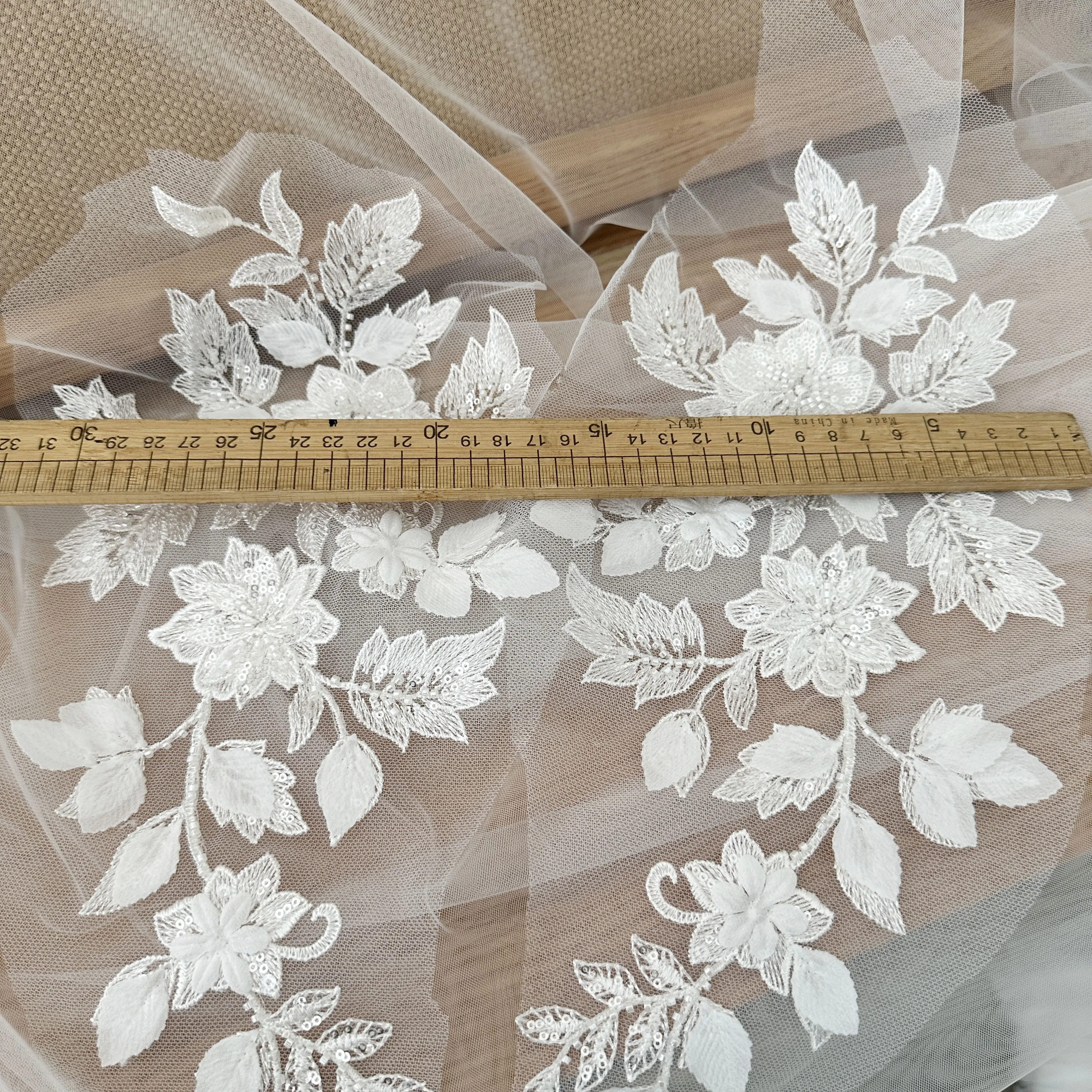 2 Pieces 3D Flower Beaded  Leaf Applique Bride Accessories, Sewing DIY Material Clear Sequin Floral Embroidery Lace Applique